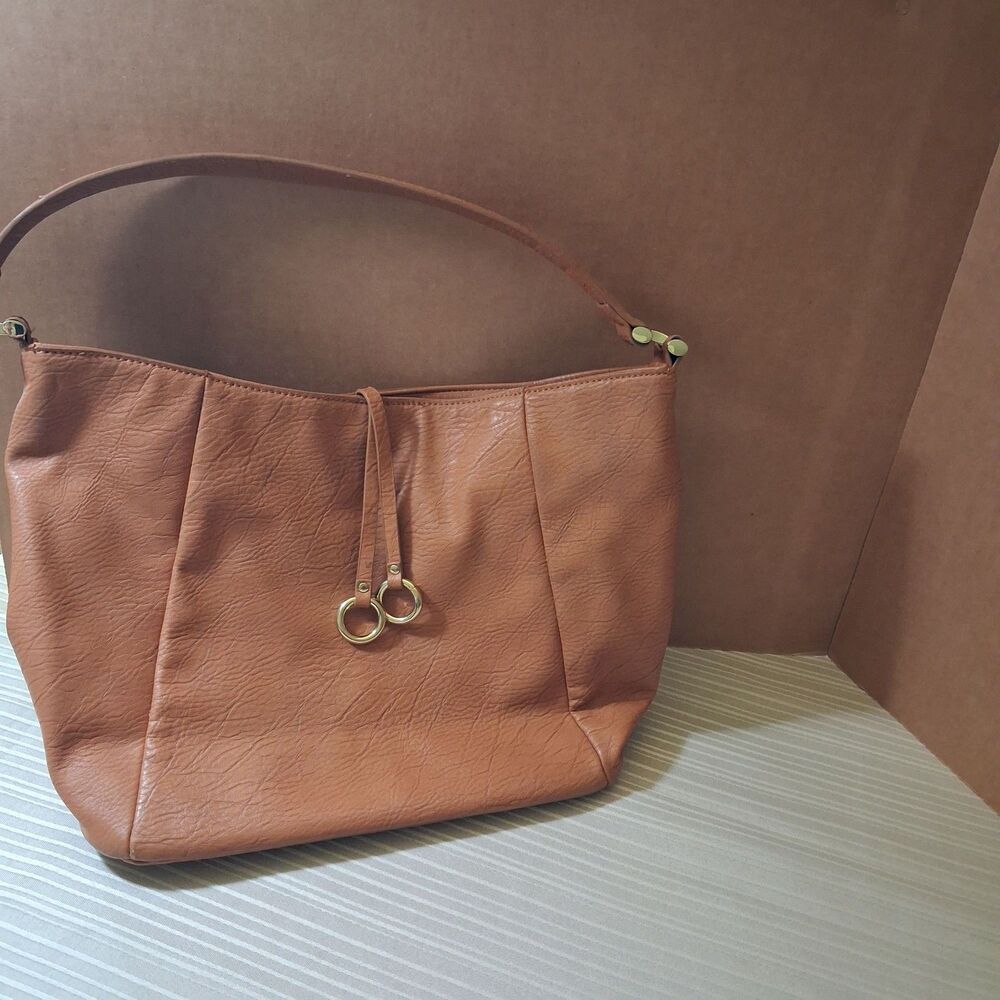 Tan Faux Leather Hobo Shoulder Bag Slouchy Tote Purse Gold Ring Detail